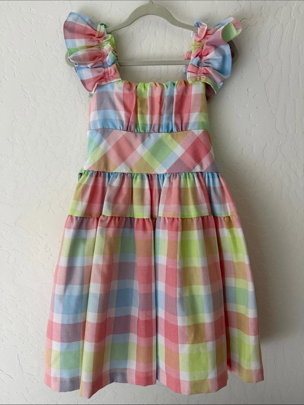 🩵 Bonnie Jean Pastel Plaid Ruffle Strap Dress - Size 6x